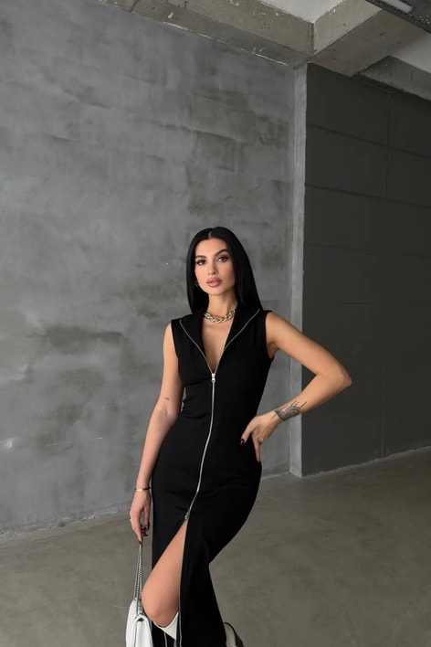 Sıfır Kol Boydan Fermuarlı Elbise Siyah