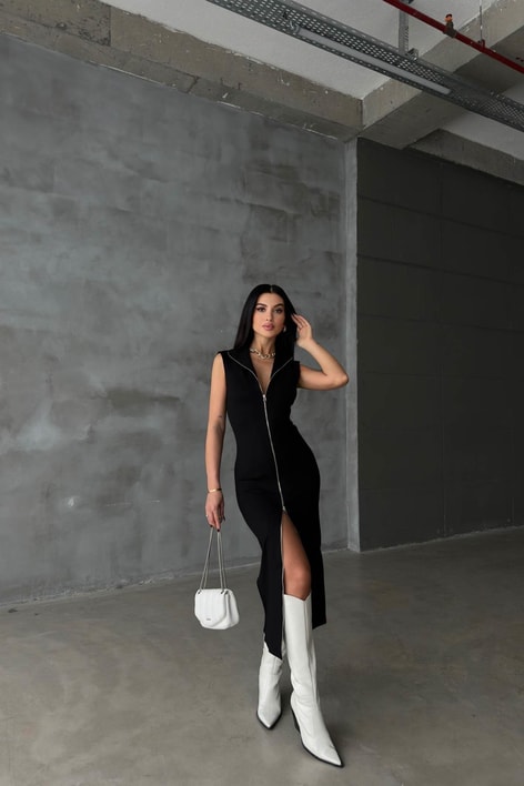 Sıfır Kol Boydan Fermuarlı Elbise Siyah