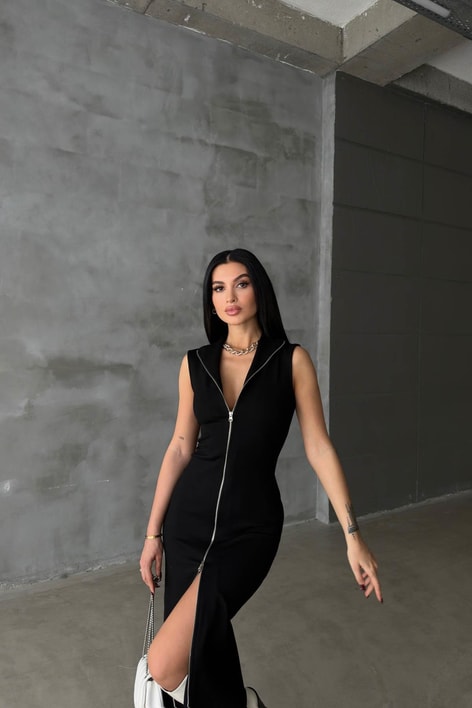 Sıfır Kol Boydan Fermuarlı Elbise Siyah