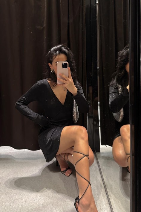 Simli Kruvaze Celeana Elbise Siyah