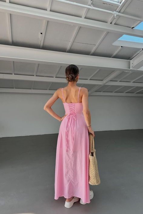 Sırt Bağlamalı Keten Elbise Pembe