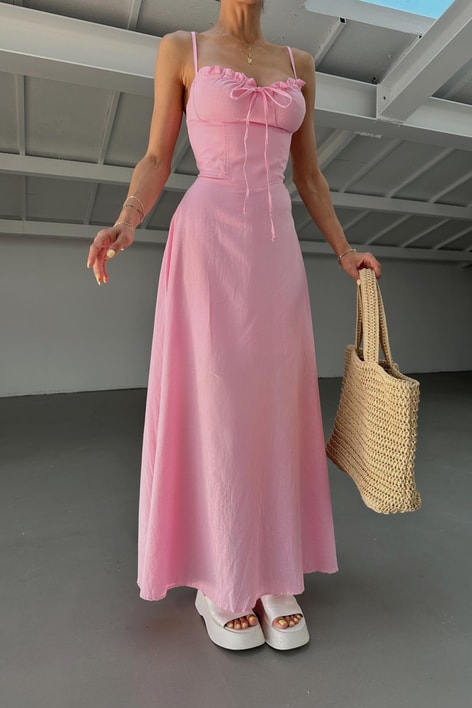 Sırt Bağlamalı Keten Elbise Pembe