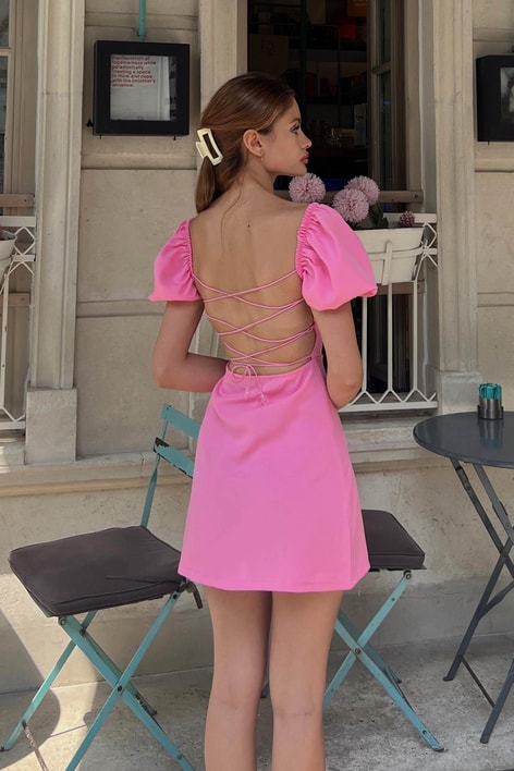 Sırt Dekolteli Cutie Mini Elbise Pembe