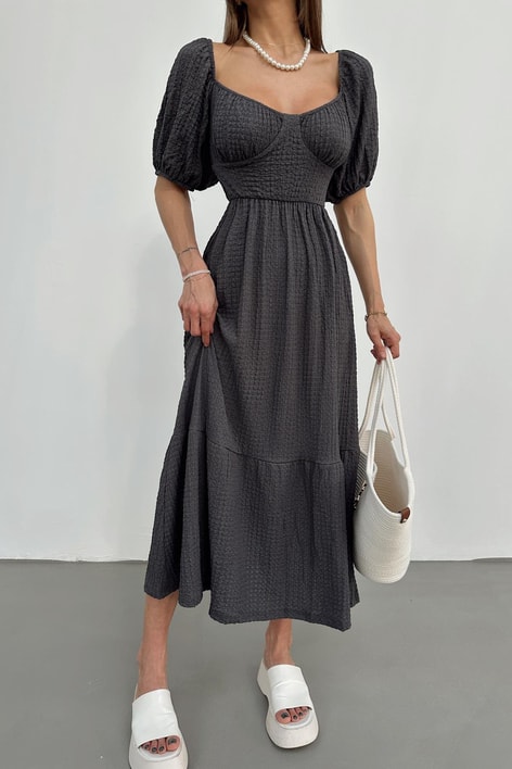 Sırt Dekolteli Gofre Elbise Antrasit