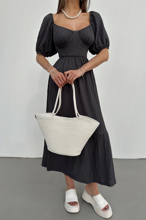 Sırt Dekolteli Gofre Elbise Antrasit