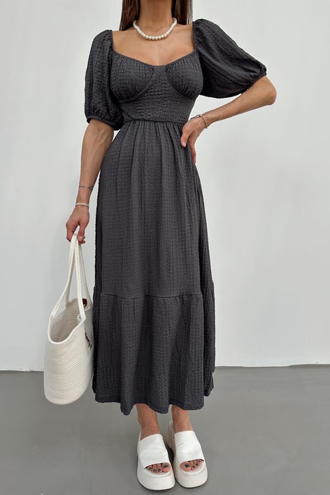 Sırt Dekolteli Gofre Elbise Antrasit