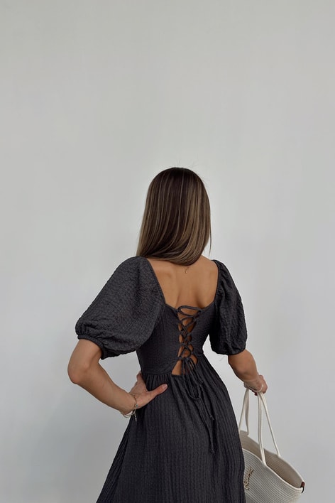 Sırt Dekolteli Gofre Elbise Antrasit