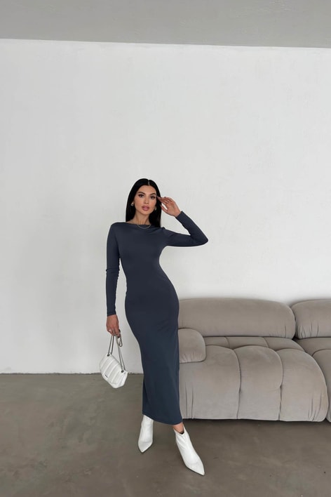 Sırt Detay Maxi Toparlayıcı Elbise Antrasit