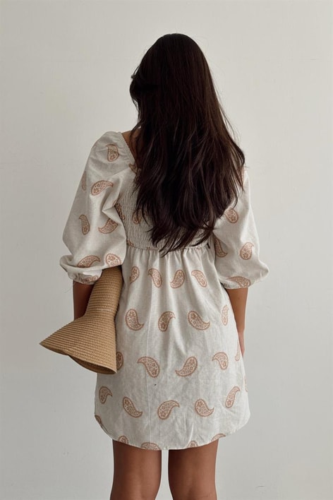 Sırt Gipeli Balon Kol Keten Elbise Kahve