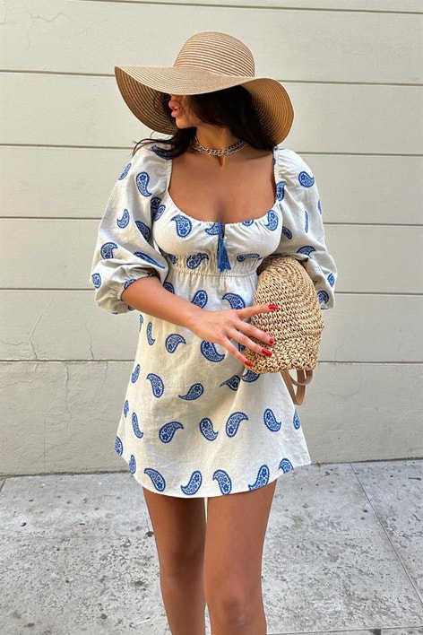 Sırt Gipeli Balon Kol Keten Elbise Mavi