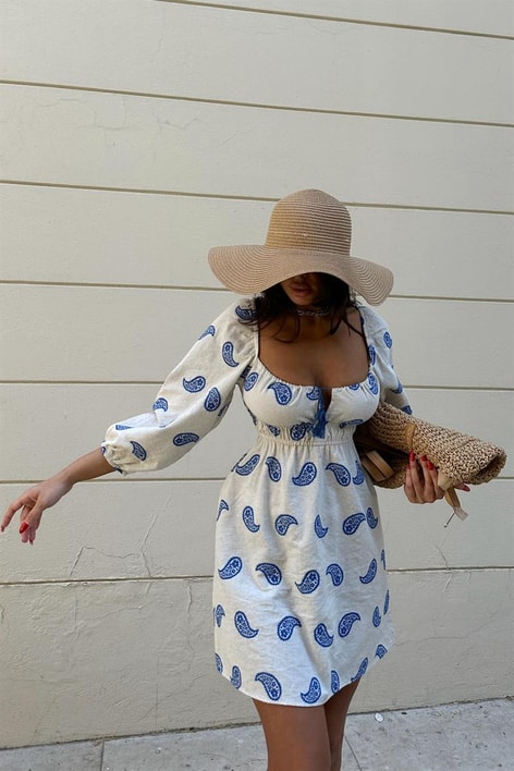 Sırt Gipeli Balon Kol Keten Elbise Mavi