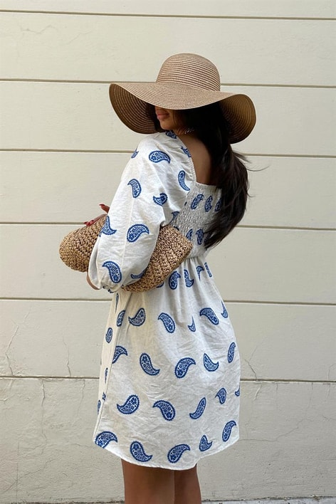 Sırt Gipeli Balon Kol Keten Elbise Mavi