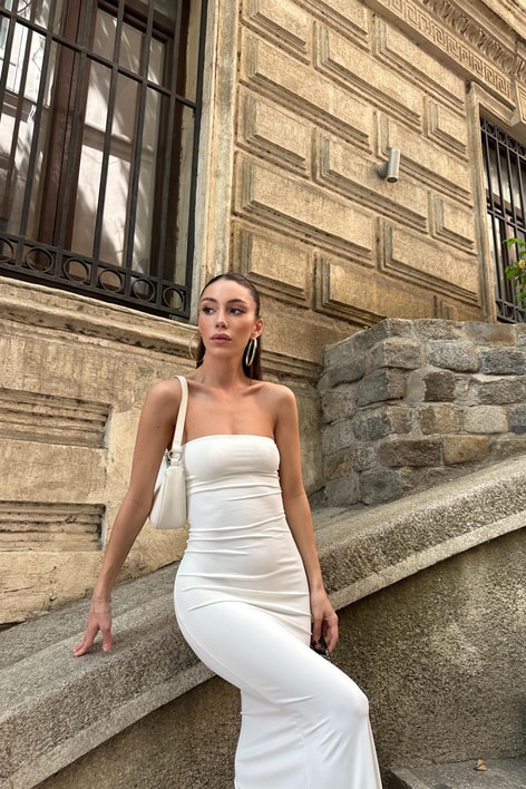 Straplez Basic Elbise Beyaz