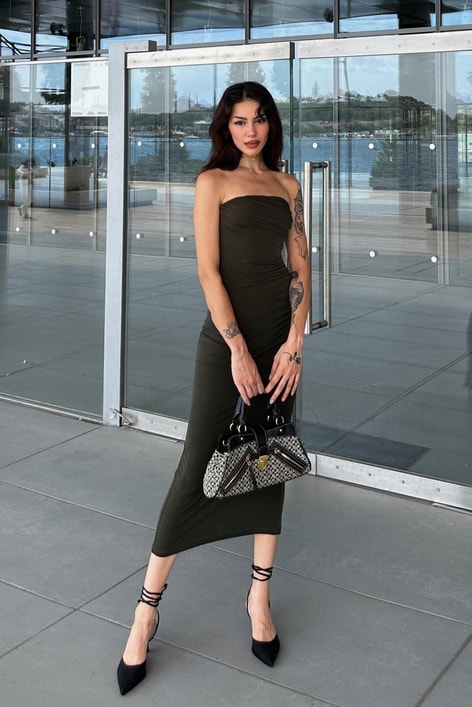 Straplez Drape Julia Elbise Haki