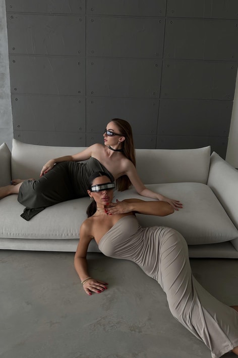 Straplez Drape Julia Elbise Haki