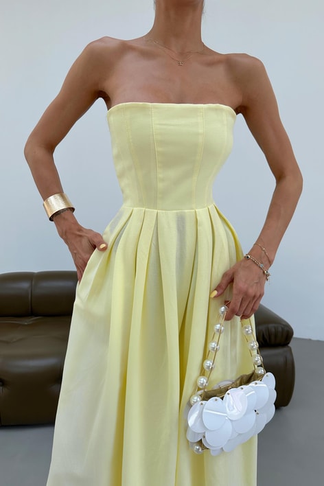 Straplez Keten Elbise Sarı