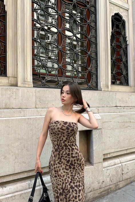 Straplez Leoparlı Elbise Kahve