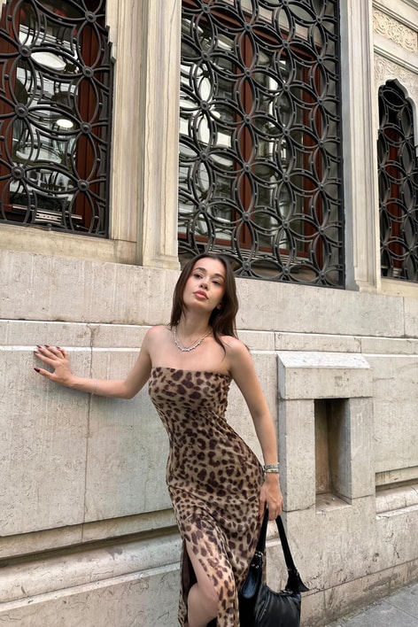 Straplez Leoparlı Elbise Kahve