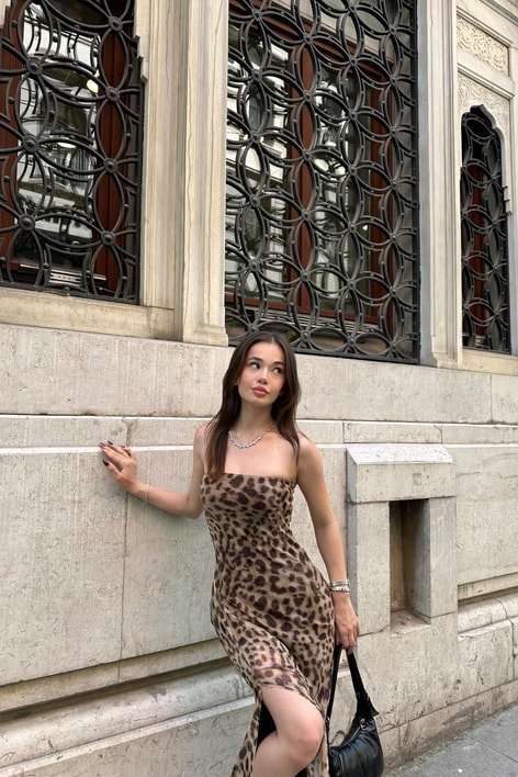 Straplez Leoparlı Elbise Kahve
