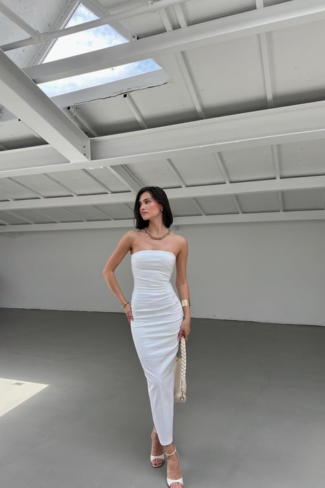Straplez Midi Elbise Beyaz