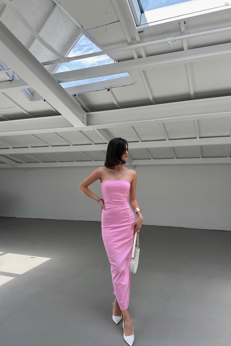 Straplez Midi Elbise Pembe