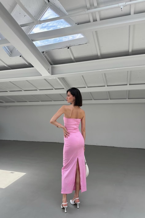 Straplez Midi Elbise Pembe