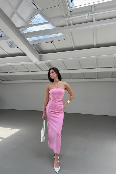 Straplez Midi Elbise Pembe