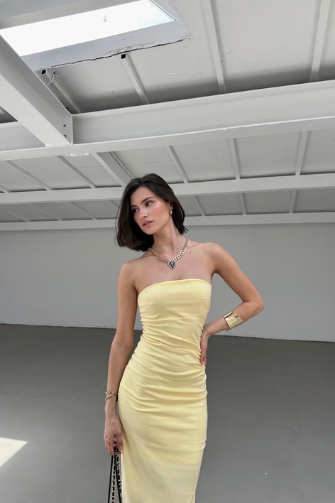Straplez Midi Elbise Sarı