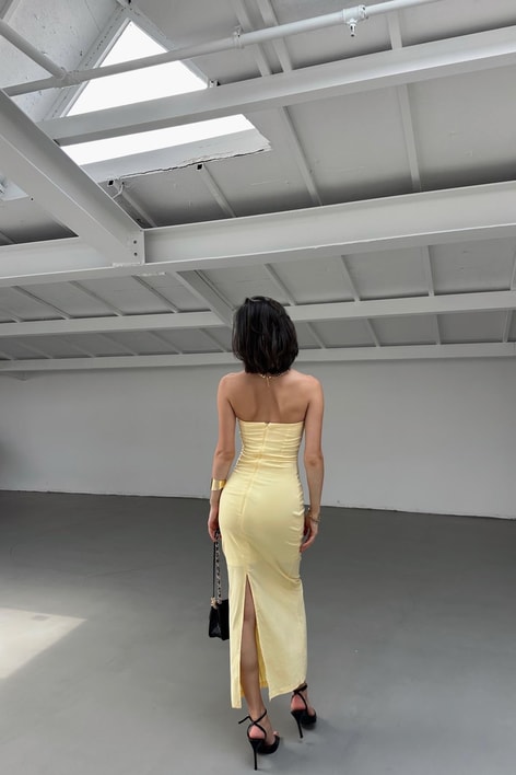 Straplez Midi Elbise Sarı