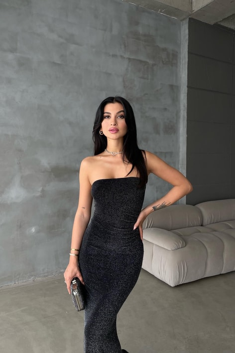 Straplez Simli Elbise Siyah