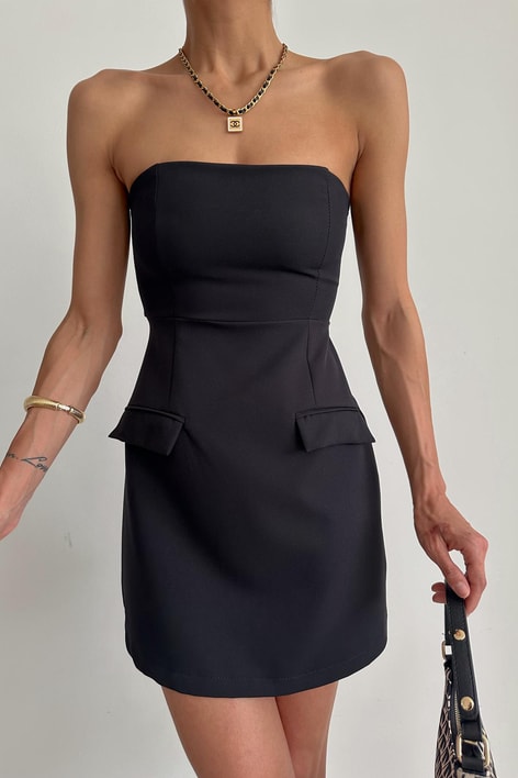 Straplez Süs Cep Elbise Siyah