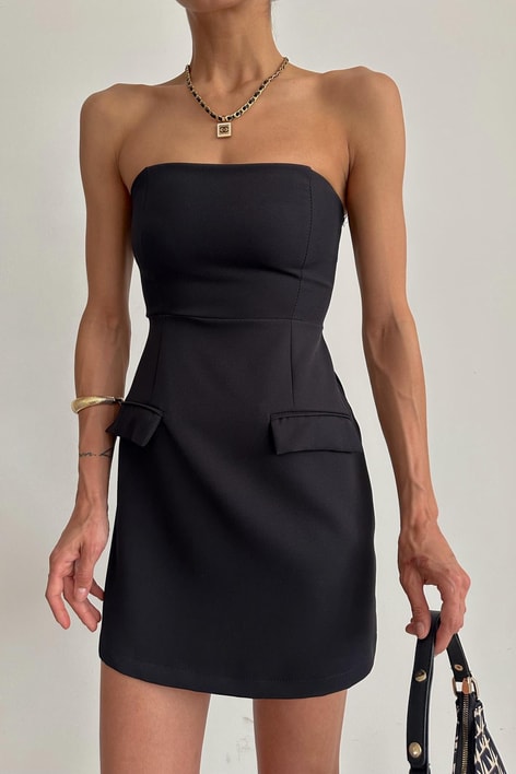 Straplez Süs Cep Elbise Siyah