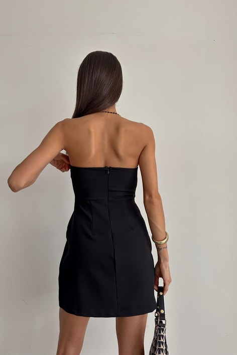 Straplez Süs Cep Elbise Siyah