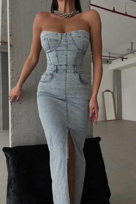 Straplez Yırtmaçlı Denim Elbise Buz Mavi