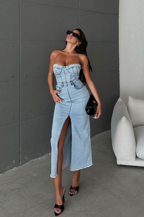 Straplez Yırtmaçlı Denim Elbise Buz Mavi