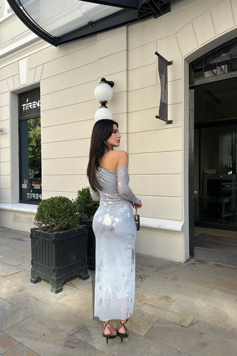 Tek Kol Hologram Deape Elbise Gri