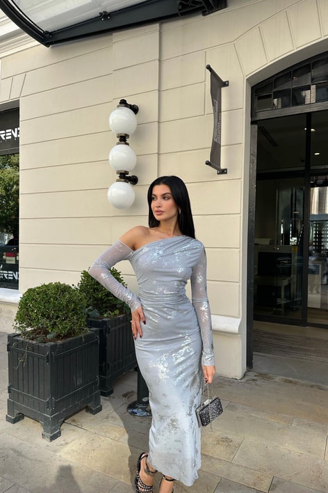 Tek Kol Hologram Deape Elbise Gri