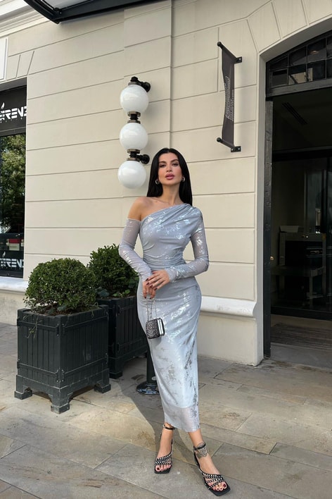 Tek Kol Hologram Deape Elbise Gri