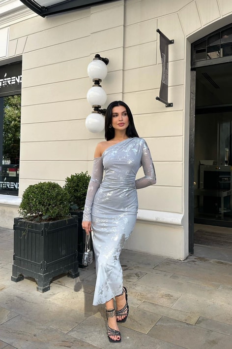 Tek Kol Hologram Deape Elbise Gri