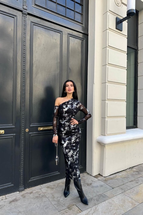 Tek Kol Hologram Deape Elbise Siyah