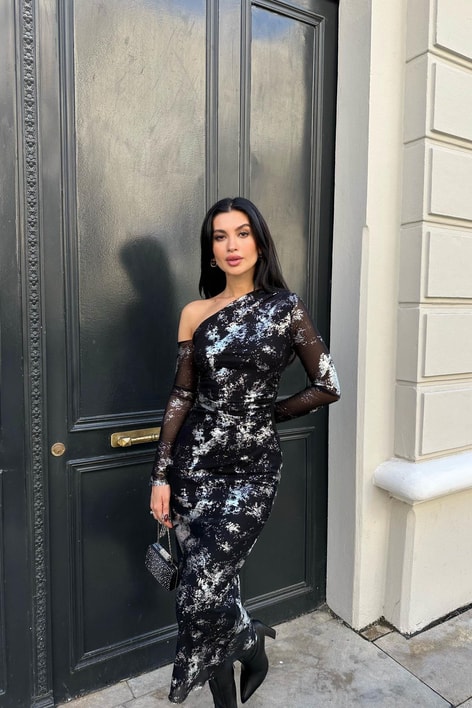 Tek Kol Hologram Deape Elbise Siyah