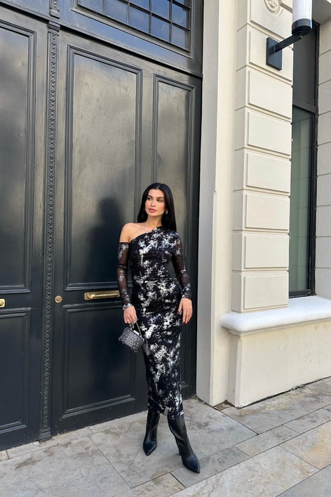 Tek Kol Hologram Deape Elbise Siyah