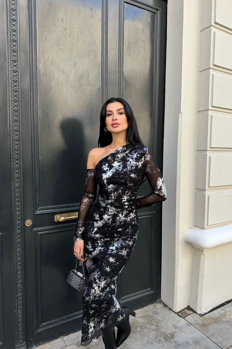 Tek Kol Hologram Deape Elbise Siyah