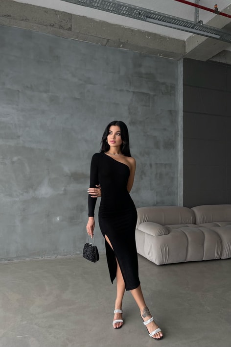 Tek Kol Kadife Elbise Siyah