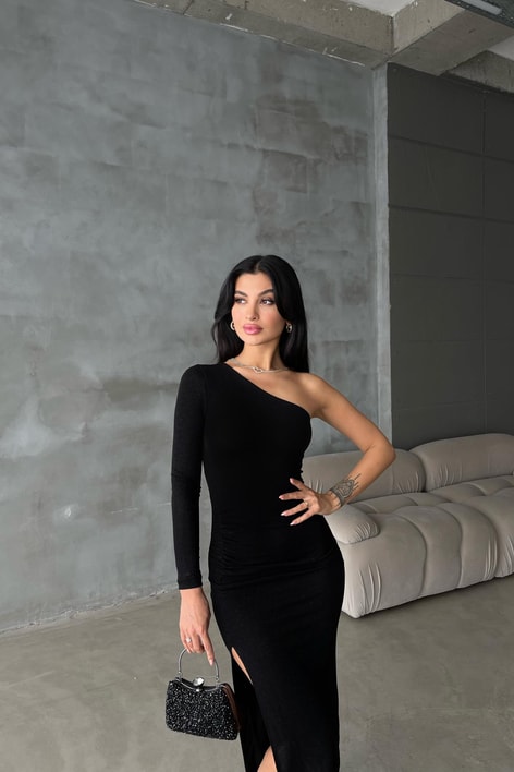 Tek Kol Kadife Elbise Siyah