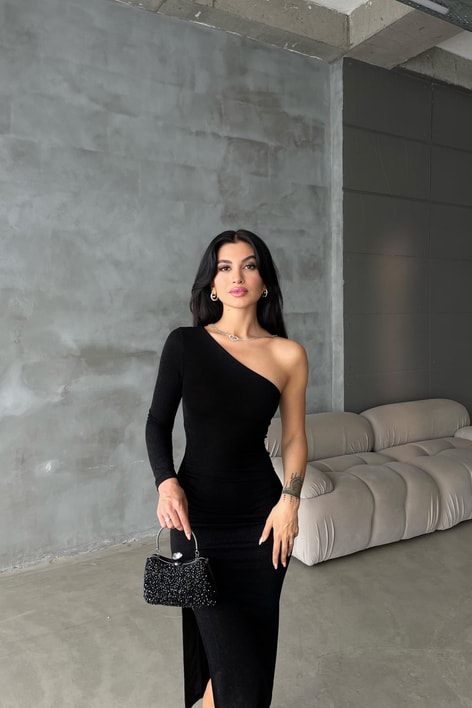 Tek Kol Kadife Elbise Siyah