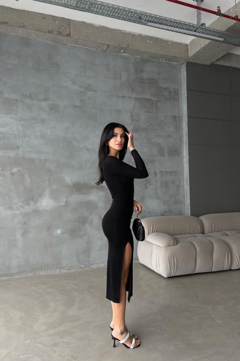 Tek Kol Kadife Elbise Siyah