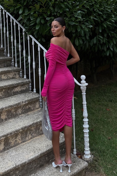 Tek Kol Romantıc Elbise Fuşya