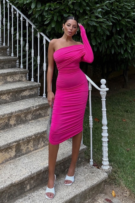 Tek Kol Romantıc Elbise Fuşya