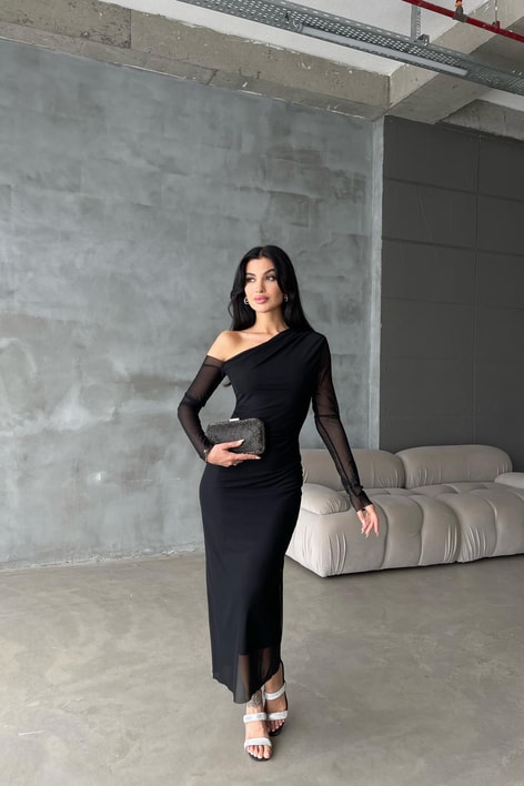 Tek Kol Tül Elbise Siyah